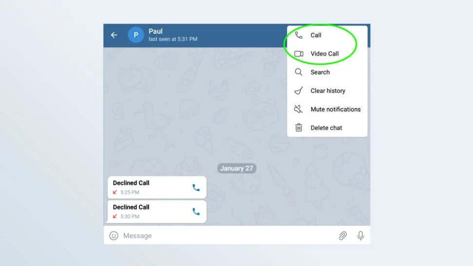 alt AoxVPN Screenshot of the Telegram screen in which to begin a voice or video call.